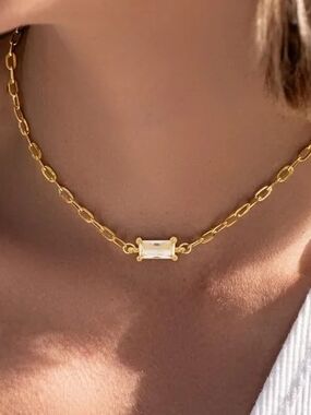Gold Link Chain Necklace with Clear Rectangular Stone